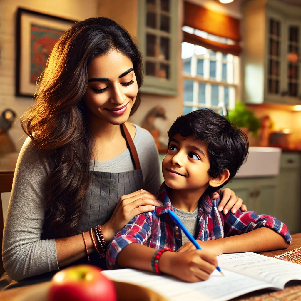 Nepali nanny helping Indian child with homework